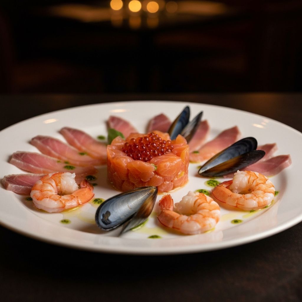 Crudo di Mare Elegante selezione di crudo di mare fresco servito su ghiaccio a Treviglio