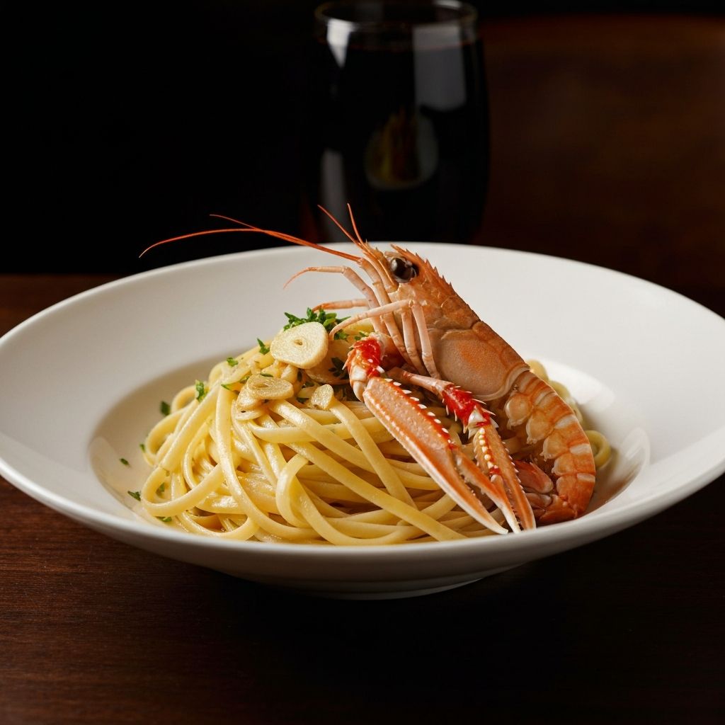 Linguine agli Scampi Primo piatto di linguine agli scampi, una delle specialità di mare del ristorante