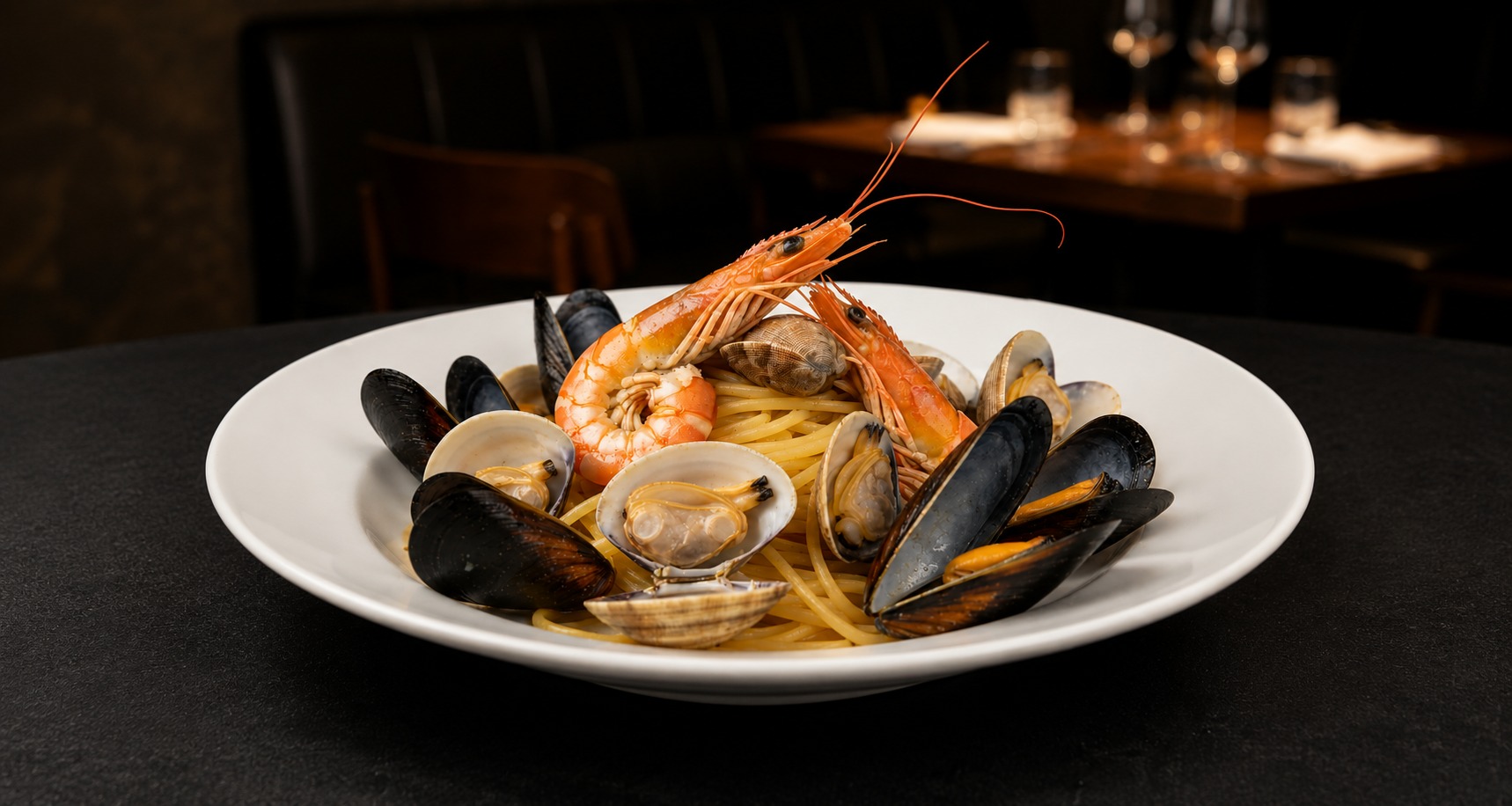 Spaghetti ai Frutti di Mare Ricco piatto di spaghetti ai frutti di mare con cozze, vongole e gamberi